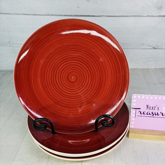 Dover & York RINGS SWIRL Circles Rust Red Stoneware Coupe Dinner Plates Set of 4 - Picture 1 of 16